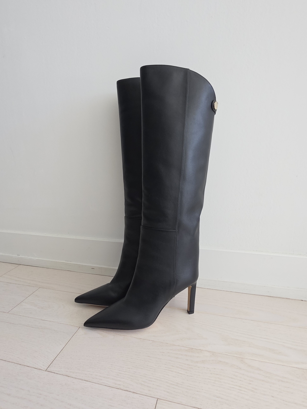 Jimmy Choo Black Leather Knee-High Heeled Boots – Size 36 NEW